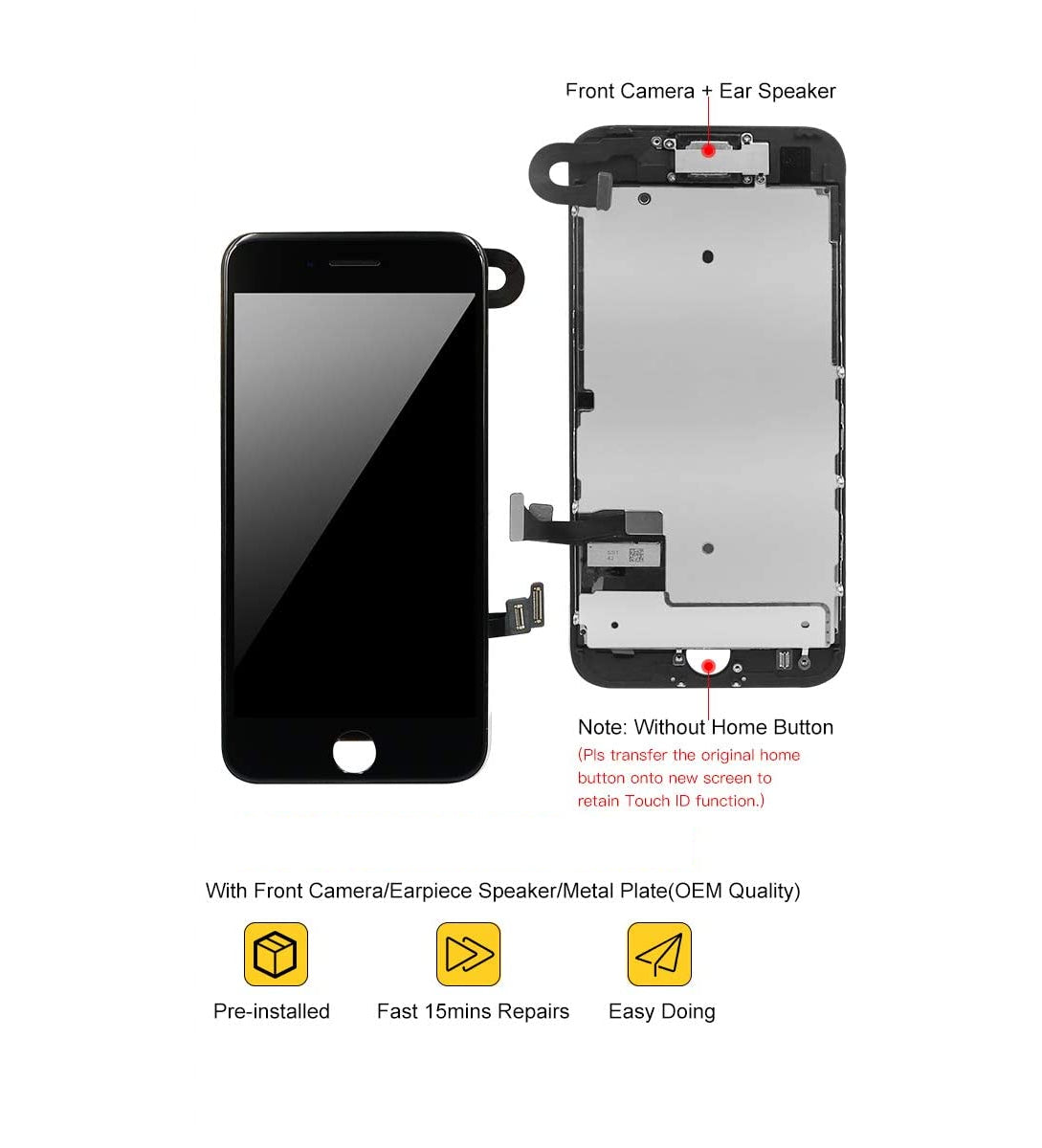 REPLACEMENT FOR IPHONE 7 LCD SCREEN FULL ASSEMBLY WITHOUT HOME BUTTON - BLACK